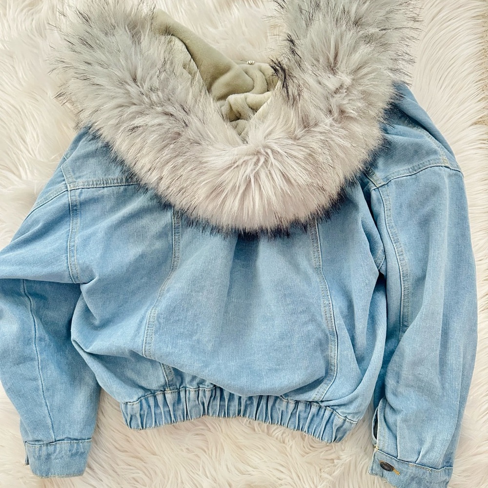 Light Blue Denim Jacket with Faux Fur Collar - Picture 2 of 3
